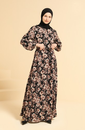 Patterned Viscose Dress 4533-04 Black Brown 4533-04