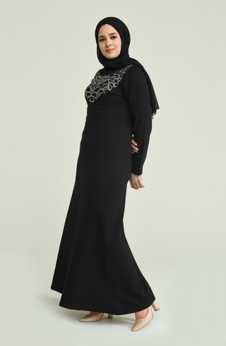 Büyük Beden Taş Baskılı Elbise 2025-02 Siyah