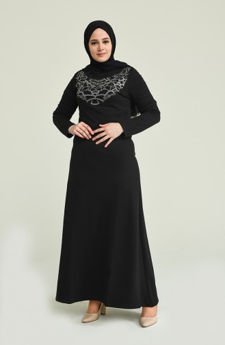 Büyük Beden Taş Baskılı Elbise 2025-02 Siyah