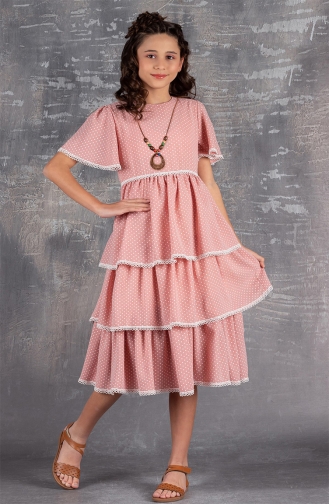 Kat Etekli Puantiyeli Kız Çocuk Elbise-Kolyeli TVD2246K-01 Pembe