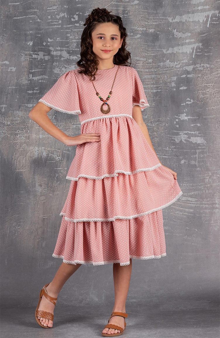 Kat Etekli Puantiyeli Kız Çocuk Elbise-Kolyeli TVD2246K-01 Pembe