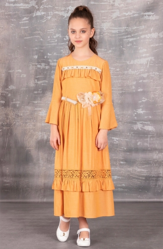 Kemerli Kız Çocuk Boydan Elbise TVD1738KM-01 Hardal
