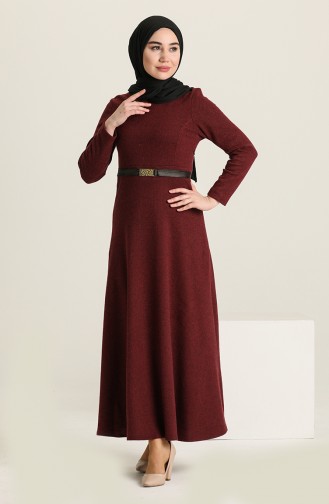فستان بتصميم حزام للخصر 7128-01 لون خمري 7128-01