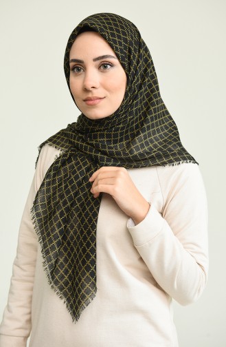 Kare Desenli Flamlı Eşarp 13160-22 Siyah Hardal