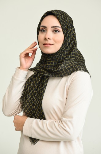 Kare Desenli Flamlı Eşarp 13160-22 Siyah Hardal