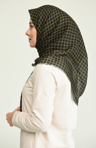 Kare Desenli Flamlı Eşarp 13160-22 Siyah Hardal