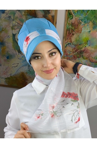 Fularlı Şapka 92BST060322-11 Gök Mavisi Beyaz