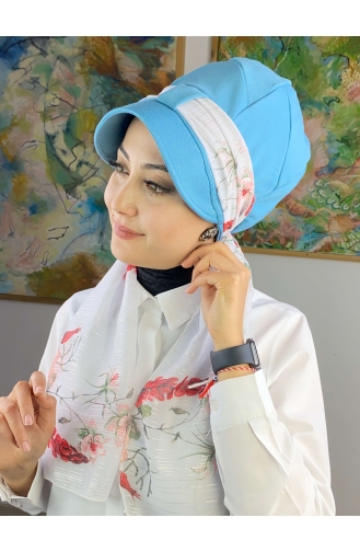 Fularlı Şapka 92BST060322-11 Gök Mavisi Beyaz