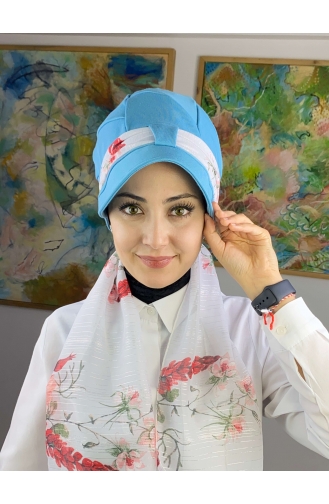 Fularlı Şapka 92BST060322-11 Gök Mavisi Beyaz