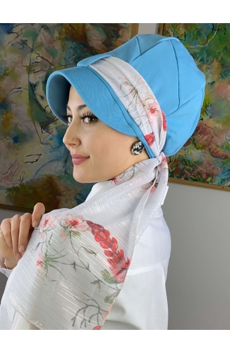 Fularlı Şapka 92BST060322-11 Gök Mavisi Beyaz