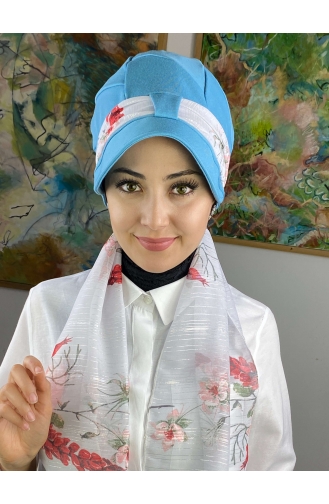 Fularlı Şapka 92BST060322-11 Gök Mavisi Beyaz