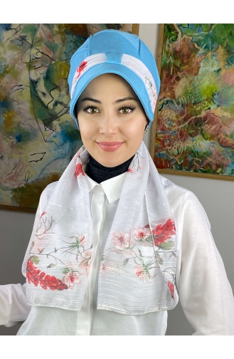 Fularlı Şapka 92BST060322-11 Gök Mavisi Beyaz