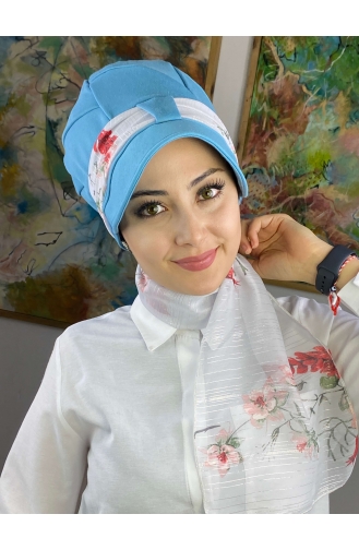 Fularlı Şapka 92BST060322-11 Gök Mavisi Beyaz