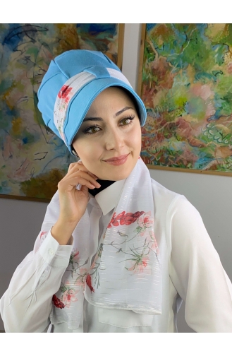 Fularlı Şapka 92BST060322-11 Gök Mavisi Beyaz