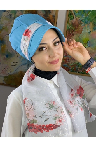 Fularlı Şapka 92BST060322-11 Gök Mavisi Beyaz