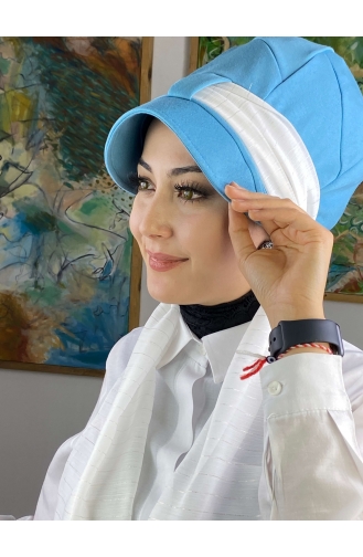 Fularlı Şapka 92BST060322-04 Gök Mavisi Beyaz