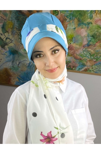 Fularlı Şapka 92BST060322-07 Gök Mavisi Beyaz