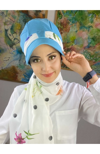 Fularlı Şapka 92BST060322-07 Gök Mavisi Beyaz