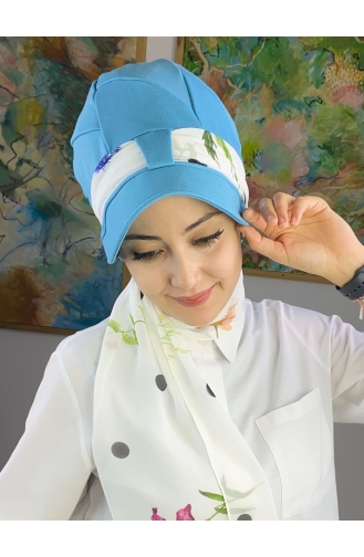 Fularlı Şapka 92BST060322-07 Gök Mavisi Beyaz