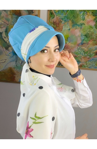 Fularlı Şapka 92BST060322-07 Gök Mavisi Beyaz