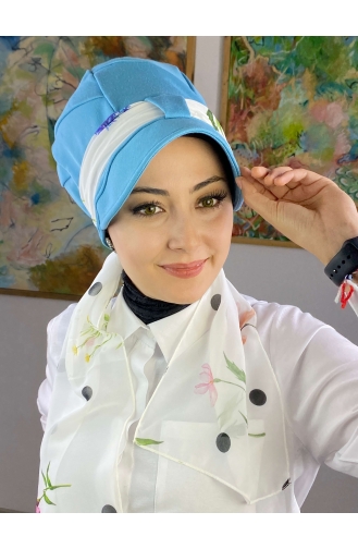 Fularlı Şapka 92BST060322-07 Gök Mavisi Beyaz