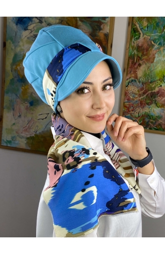 Fularlı Şapka 92BST060322-08 Gök Mavisi Mavi