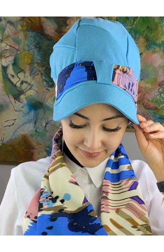 Fularlı Şapka 92BST060322-08 Gök Mavisi Mavi