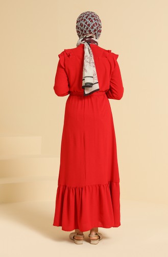 Kuşaklı Büzgülü Elbise 0812-06 Kırmızı