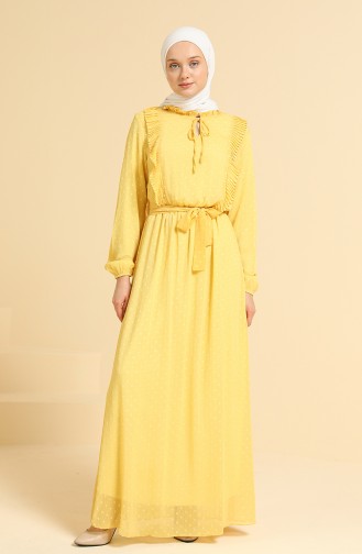 Fırfırlı Kuşaklı Şifon Elbise 0825-04 Sarı
