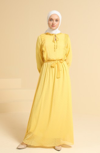 Fırfırlı Kuşaklı Şifon Elbise 0825-04 Sarı