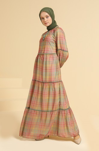 Kareli Şifon Elbise 22Y100-02 Camel