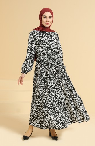 Leopar Desenli Elbise 0179-02 Siyah Beyaz