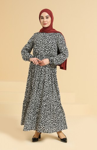 Leopar Desenli Elbise 0179-02 Siyah Beyaz