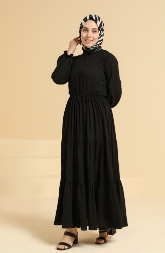 Beli Lastikli Büzgülü Elbise 0179A-01 Siyah
