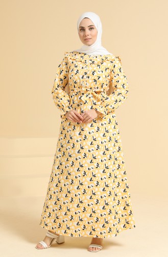 Fırfırlı Kuşaklı Elbise 0842-04 Sarı