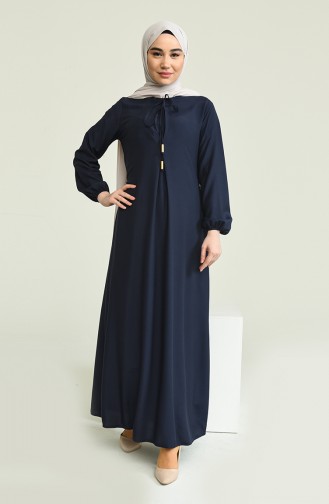 Elastic Sleeve A Pleated Dress 4536-07 Navy Blue 4536-07