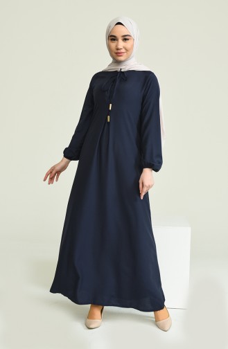 Elastic Sleeve A Pleated Dress 4536-07 Navy Blue 4536-07