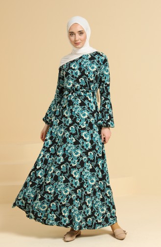 Patterned Viscose Dress 4533-03 Black Turquoise 4533-03