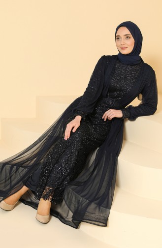 Navy Blue Hijab Evening Dress 5629-01