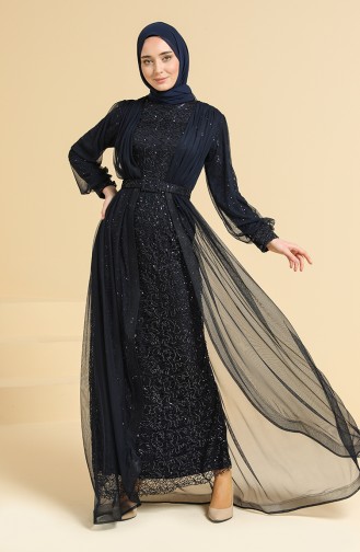 Navy Blue Hijab Evening Dress 5629-01