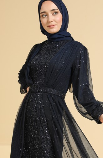 Navy Blue Hijab Evening Dress 5629-01