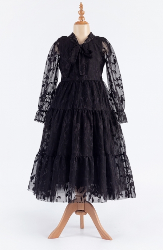 Yaprak Desenli Uzun Dantel Kız Çocuk Abiye Elbise PMDP01Y-02 Siyah