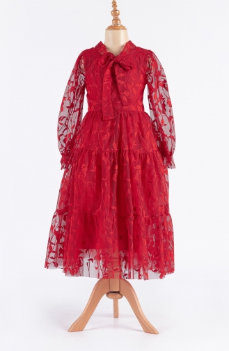 Yaprak Desenli Uzun Dantel Kız Çocuk Abiye Elbise PMDP01Y-03 Kırmızı