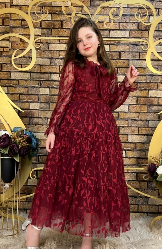 Yaprak Desenli Uzun Dantel Kız Çocuk Abiye Elbise PMDP01Y-05 Bordo