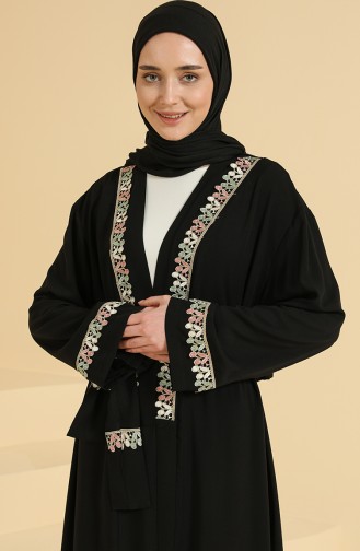 Oyya Kuşaklı Renkli Brodeli Pamuklu Terletmeyen Namaz Elbisesi 228413-01 Siyah