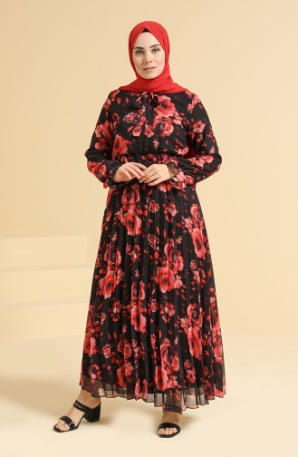 Çiçek Desenli Şifon Elbise 4011-02 Siyah