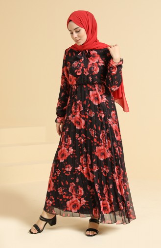Çiçek Desenli Şifon Elbise 4011-02 Siyah