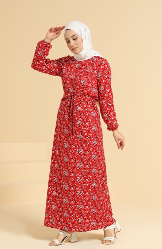 Kolu Lastikli Desenli Elbise 0095A-01 Kırmızı