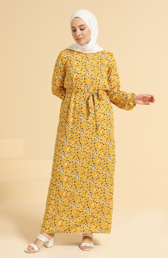 Kolu Lastikli Desenli Elbise 0095A-03 Hardal