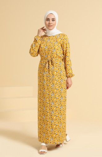 Kolu Lastikli Desenli Elbise 0095A-03 Hardal
